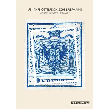 Briefmarkendesign der Österreichischen Post zum 175-jährigen Jubiläum, mit blauem Doppeladler-Motiv.