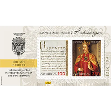 The new stamp series “The legacy of the Habsburgs” provides insights into the long and multifaceted history of Austria. It starts with Rudolf I, who laid the foundation stone for the rise of the Habsburg dynasty. © A. Dagli Orti / © NPL - DeA Picture Library / Bridgeman Images The stamp block contains two stamps: Left stamp (value: 100): Depiction of a historical document with the name “RUDOLFO.” Right stamp (value: 350): Portrait of Rudolf I in a red robe with crown, scepter, and orb. At the top is the title “The Legacy of the Habsburgs,” on the left a coat of arms and the years 1218–1291 with the note “The Habsburgs become Dukes of Austria and Styria.”
