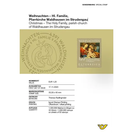 08c704709e7b25d5631f289de29beaae3b854510.png Austrian Post stamp 2023, €1.20: Christmas - Holy Family, parish church of Waldhausen im Strudengau.