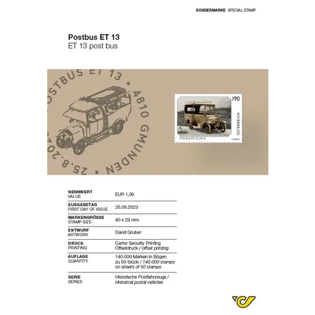 4e521cb093ccacf2df23d31badcd32501414a218.jpg Austrian Post stamp 2023, nominal value €1.90: Postbus ET 13 (1913) from the historical postal vehicles series.