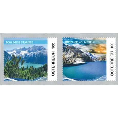 Austrian Post 2023 stamps, €1.00 each: Schlegeis Reservoir and Kölnbrein Dam, scenic alpine landscapes.