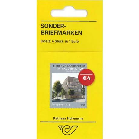 Sonderbriefmarken der Österreichischen Post: 4 Stück zu 1 Euro, Motiv Rathaus Hohenems, Thema moderne Architektur.