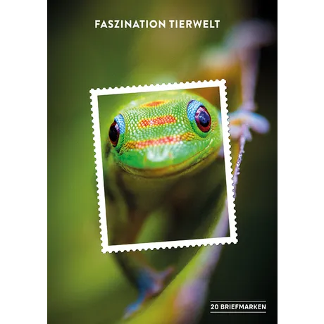 125602_COVER_TIERE CLOSE UP_SHOP Austrian Post stamp collection 2023: 'Fascination Wildlife' featuring a colorful gecko. Includes 20 stamps.