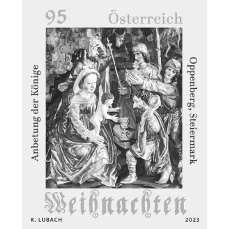 04359e8c6db0d0887edc3e07136950e912639b0a.png Briefmarke Österreich 2023, Nominale 0,95 Euro: 'Anbetung der Könige' aus Oppenberg, Steiermark, Weihnachtsthema.