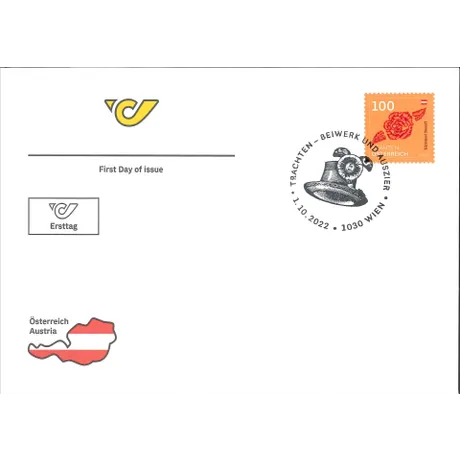 First Day Cover with Austrian Post logo, 2022 stamp 'Carinthian Rose' (€1.00), and themed postmark 'Traditional Attire'.