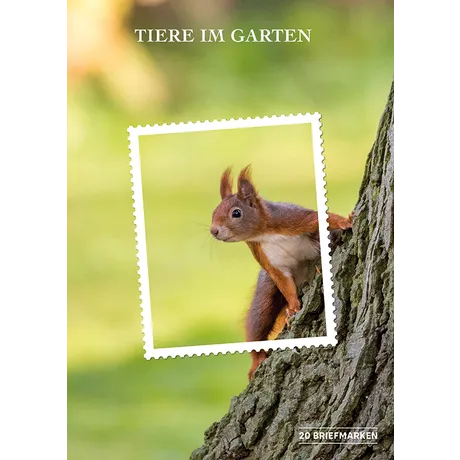 0124604 Briefmarken-Set der Österreichischen Post 'Tiere im Garten' mit einem Eichhörnchen auf einem Baum. Enthält 20 Briefmarken.