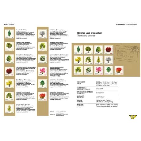 Bäume und Sträucher Dauermarkenserie 2025 der Österreichischen Post 'Bäume und Sträucher' mit Baum- und Strauchmotiven, Werte von 0,05 € bis 4,65 €.