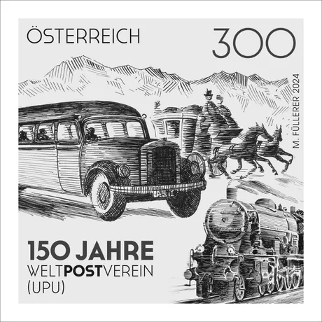 Briefmarke Österreich 2024, Nominale 3,00 Euro: 150 Jahre Weltpostverein, historische Transportmittel.