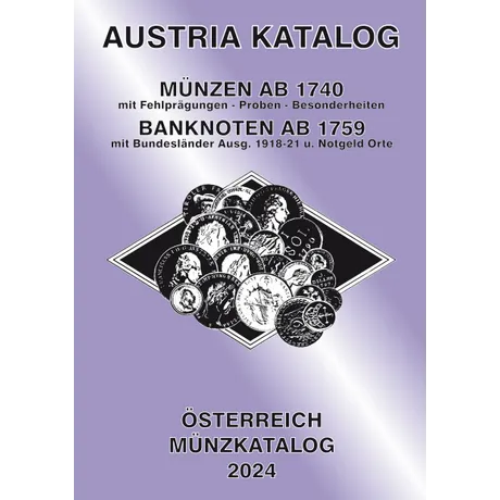 Cover of the Austria Coin Catalog 2024 with coins and banknotes from 1740 and 1759 on a purple background.