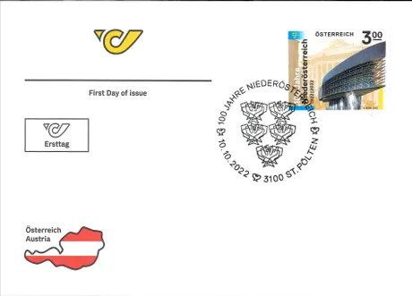 First day cover with Austrian Post stamp '100 Years of Lower Austria 1922-2022', nominal value 3.00€.