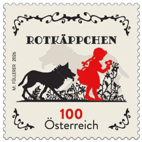 Rotkäppchen Österreichische Briefmarke 2026 mit stilisierter Illustration des Märchens Rotkäppchen: ein Mädchen mit rotem Umhang und ein Wolf in Silhouette, umgeben von Pflanzenornamenten.