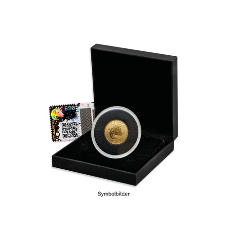 Österreichische Post Crypto Stamp 690 mit Goldmünze in schwarzer Schatulle, Motiv: Einhorn.