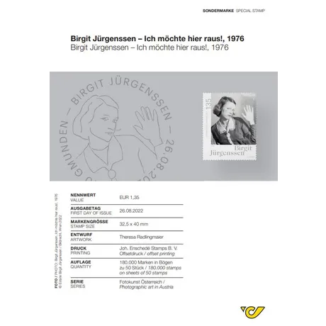 d441ffbbf338b333d4095b555407fc1dd40668de.jpg Austrian Post stamp 2022, €1.35: Birgit Jürgenssen artwork 'Ich möchte hier raus!', 1976, part of 'Photographic art in Austria' series.