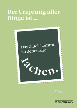 2d5ab365a3b612fcb75624944f95f4918f26924f.png Design der Österreichischen Post mit einer Briefmarke: 'Das Glück kommt zu denen, die lachen' auf grünem Hintergrund.