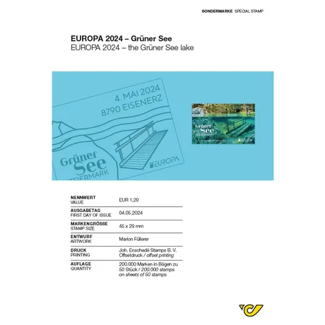 324200 Briefmarke Österreich 2024, Nominale 1,20 €: 'Grüner See' in der Steiermark mit Unterwasseransicht und Holzbrücke.