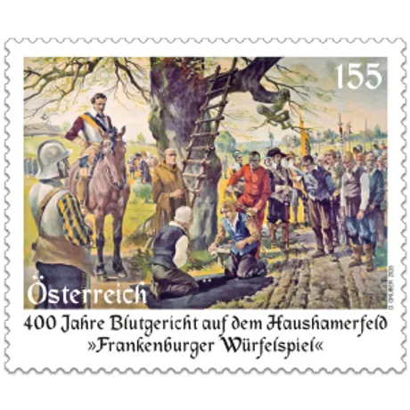 Briefmarke Österreich 2025, Nominale 1,55 Euro: 400 Jahre Frankenburger Würfelspiel, historische Darstellung.