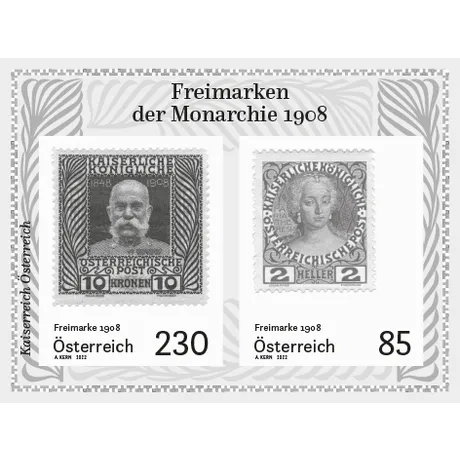 6a7061bab53b788953e95f7e2ec9745d0f28768e.jpg Austrian Post 1908 stamps: 10 Kronen Emperor Franz Joseph I and 2 Heller allegorical figure, nominal values 230€ and 85€.