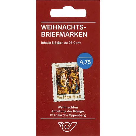 Weihnachts-Briefmarkenset 2023 der Österreichischen Post: 5 Briefmarken zu 0,95€ mit 'Anbetung der Könige' aus der Pfarrkirche Oppenberg.