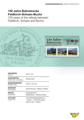 37171658956dfd9998a79a17bf639cbbe4c45b4b.jpg Sondermarkenblock der Österreichischen Post: '150 Jahre Bahnstrecke Feldkirch-Schaans-Buchs', 1,00 €, Ausgabe 09.09.2022.