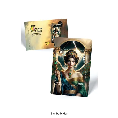 Two stamps with Hera and crypto logo. Price 9.90 and 99. Nominale 99, Austria, year 2025. Two stamps with Hera and crypto logo. Price 9.90 and 99. Nominale 99, Austria, year 2025.