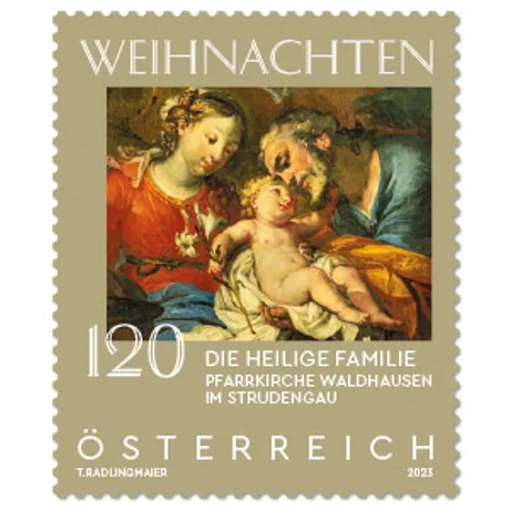 Briefmarke Österreich 2023, Nominale 1,20 Euro: Weihnachtsmotiv der Heiligen Familie, Pfarrkirche Waldhausen im Strudengau.