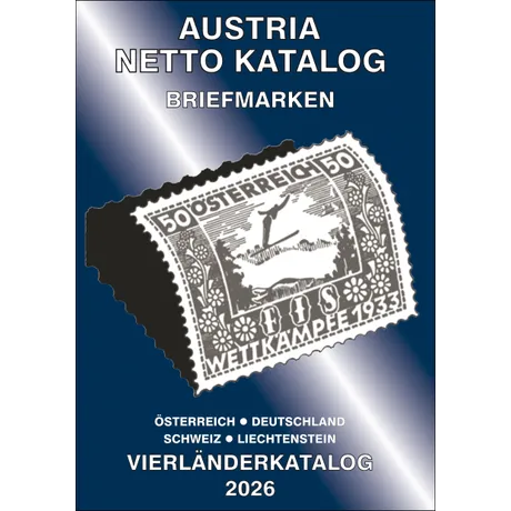 Titelbild des „Austria Netto Katalog Briefmarken – Vierländerkatalog 2026“ mit blauem Hintergrund und einer historischen österreichischen Briefmarke von 1933 mit Skispringer-Motiv. Enthält die Länder Österreich, Deutschland, Schweiz und Liechtenstein.