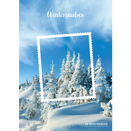 Austrian Post winter-themed design with snowy trees and 'Winterzauber' text, featuring 20 stamps.