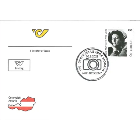 Ersttagsbrief mit Briefmarke Österreich 2023, Nominale 2,50 Euro: 100. Geburtstag von Inge Morath, und Sonderstempel aus Bregenz.