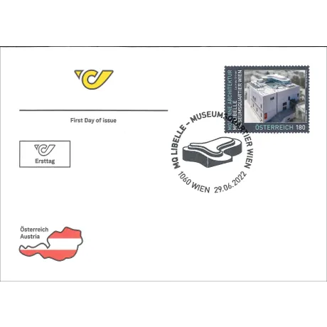 First day cover with Austrian Post stamp 2022, €1.80: MQ Libelle, MuseumsQuartier Vienna, and special postmark.