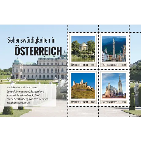 cd8e72151c2c4a4d2173432cec2fc7770fd212d5.png Austrian Post 2023 stamp series 'Sights in Austria', €1.00 each: Leopoldinentempel, Annasäule, Ruine Senftenberg, St. Stephen's Cathedral.