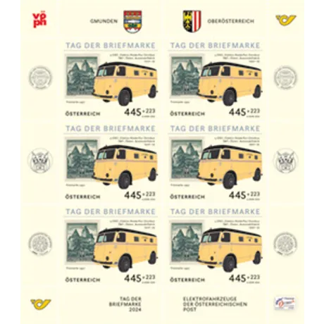 TDB_2024_Kleinbogen Austrian Post stamp sheet 2024, 'Day of the Stamp,' €4.45: vintage yellow postal bus in Gmunden, Upper Austria.