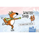Illustration von Fuchs Fridolin beim Eislaufen mit 'Winterspaß'-Text. Enthält Briefmarken- und Postkarten-Set der Österreichischen Post.