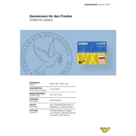 c41c460ac575d4fb43c3509ce9f8c6ee369b2c9d.jpg Austrian Post stamp 2022, €1.00+€2.00: 'United for Peace' with Ukraine flag and dove symbol, issued 31.03.2022.