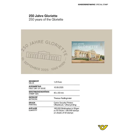 Briefmarke mit der Gloriette und blauem Hintergrund zum 250-Jahr-Jubiläum. Nominale 1,20, Österreich, Jahr 2025 Briefmarke mit der Gloriette und blauem Hintergrund zum 250-Jahr-Jubiläum. Nominale 1,20, Österreich, Jahr 2025