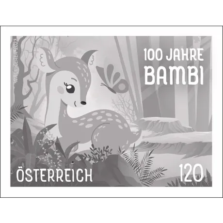 48a712eb7724b2c3b3fb3680da388f4113c38012.jpg Austrian stamp 2023, nominal value 1.20 euros: '100 Years of Bambi' with a deer and butterfly in a forest scene.