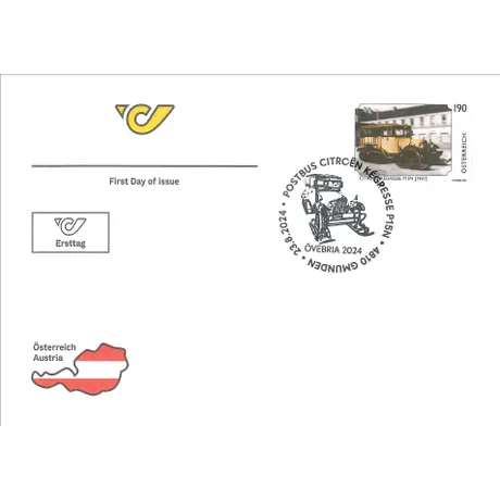 First day cover with Austrian Post stamp 2024, €1.90: Citroën Kegresse P15N (1931), and special postmark ÖVEBRIA 2024.