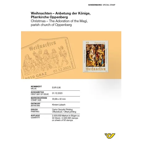 be0018952b622bb3439c2407e9162da55cb56e6e.png Briefmarke Österreich 2023, Nominale 0,95 €: Weihnachten - Anbetung der Könige, Pfarrkirche Oppenberg, Entwurf von Kirsten Lubach.