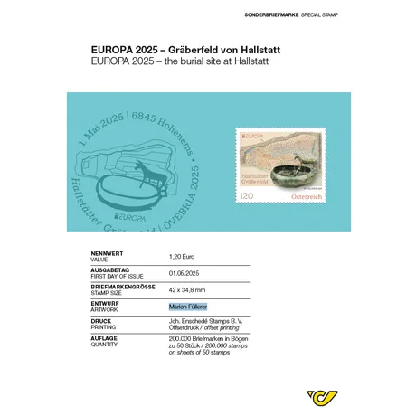 Sonderbriefmarke Österreich 2025: 'Gräberfeld von Hallstatt', Nominale 1,20 €, Ausgabe 1. Mai 2025, mit archäologischem Motiv.