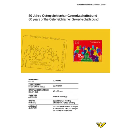 80 Jahre Gewerkschaftsbund_e Briefmarke Österreich 2025, Nominale 3,10 €: 80 Jahre Österreichischer Gewerkschaftsbund, buntes Menschenmotiv.