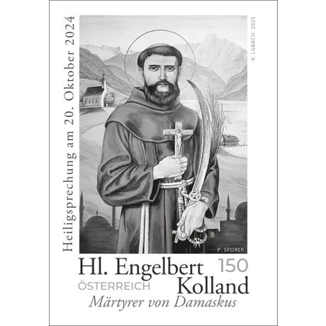 Austrian Post stamp 2025, €1.50: Saint Engelbert Kolland, martyr of Damascus, with a church and mountains in the background.