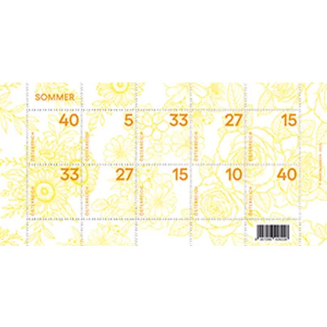 Austrian Post stamp sheet &#039;Summer&#039; 2023 with floral motifs and various nominal values in yellow design.