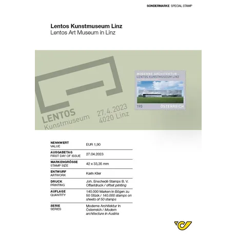 Austrian Post stamp 2023, €1.90: Lentos Art Museum Linz, modern architecture series, issued April 27, 2023.