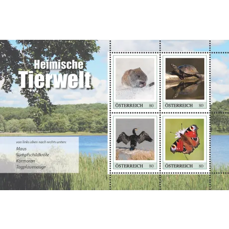 Austrian Post 2023 stamp series 'Native Wildlife', 0.80€ each: mouse, pond turtle, cormorant, peacock butterfly.