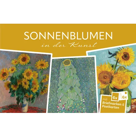 Set der Österreichischen Post 'Sonnenblumen in der Kunst' mit 6 Briefmarken und Postkarten mit Sonnenblumenmotiven.
