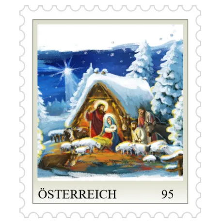 Austrian stamp 2023, nominal value 0.95 euros: Nativity scene with Mary, Joseph, baby Jesus, animals, and snowy trees.