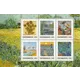 “Sheet of six Austrian postage stamps, each with a value of 100 cents, featuring famous paintings by Vincent van Gogh. Motifs include: sunflowers, boats on a river, flowers in a vase, a bridge over water, a sower at sunset, and irises. The background shows another Van Gogh painting with a field, trees, and flowers.” Austrian Post 2023 stamp sheet, 1.00 Euro each, featuring six Van Gogh paintings with floral and landscape themes.