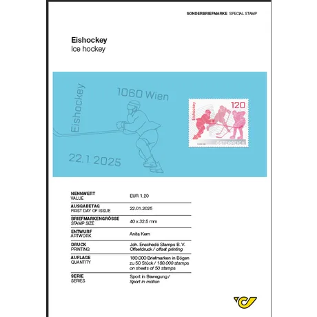 Screenshot 2025-02-12 153414 Sonderbriefmarke Österreich 2025, Nominale 1,20 €: Eishockey-Motiv mit Spielern in Aktion, Ausgabe am 22.01.2025.