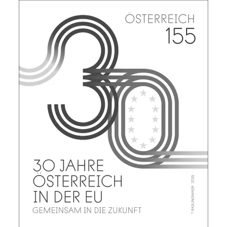 Briefmarke mit Zahl 30 und EU-Sternen. Text: 30 Jahre Österreich in der EU. Nominale 155, Österreich, Jahr 2025.