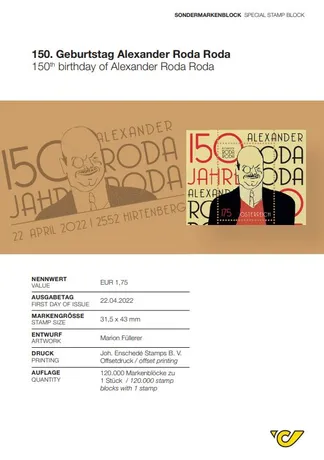 Austrian Post special stamp block: 150th birthday of Alexander Roda Roda, 2022, €1.75, beige and red design.