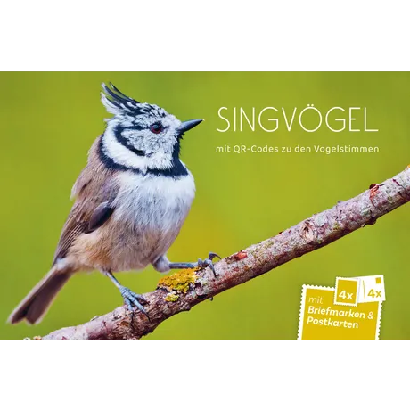 625005_PKH_Singvoegel_Cover_fW_shop Austrian Post product: Songbirds with QR codes for bird sounds, includes 4 stamps and 4 postcards.